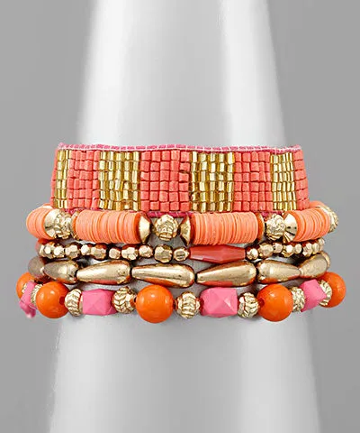 Coral Beaded Bracelet Set  5-Piece Stretch & Pull-Adjustable Arm Stack