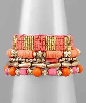 Coral Beaded Bracelet Set  5-Piece Stretch & Pull-Adjustable Arm Stack