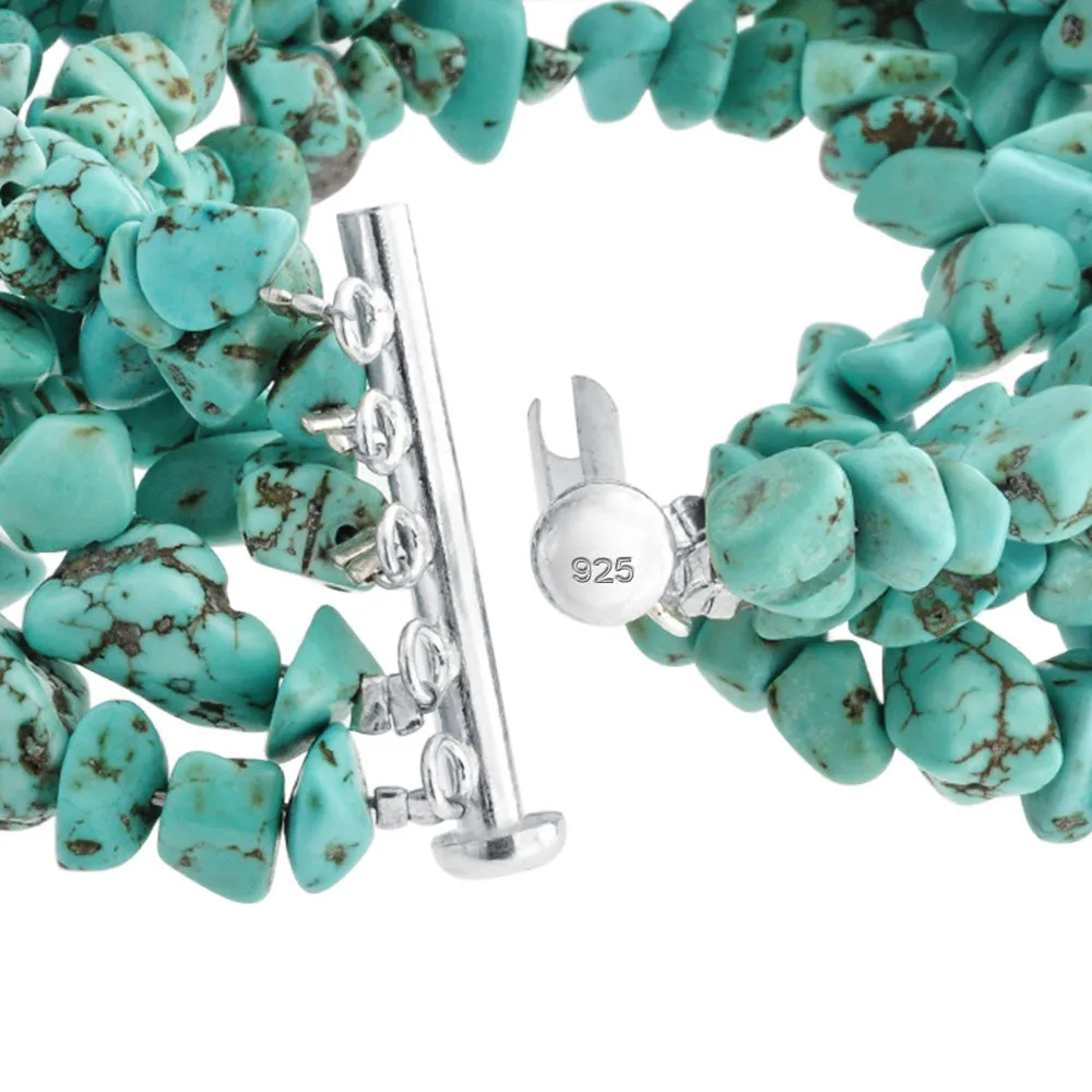 Statement Gemstone Blue Turquoise Multi Strand Bracelet with Silver Clasp