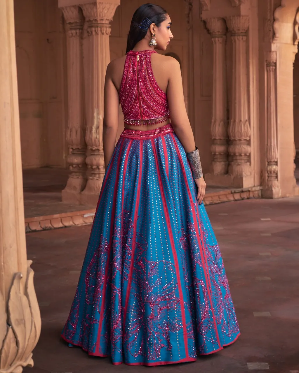 Teal Big Floral Print and Embroidered Lehenga Set