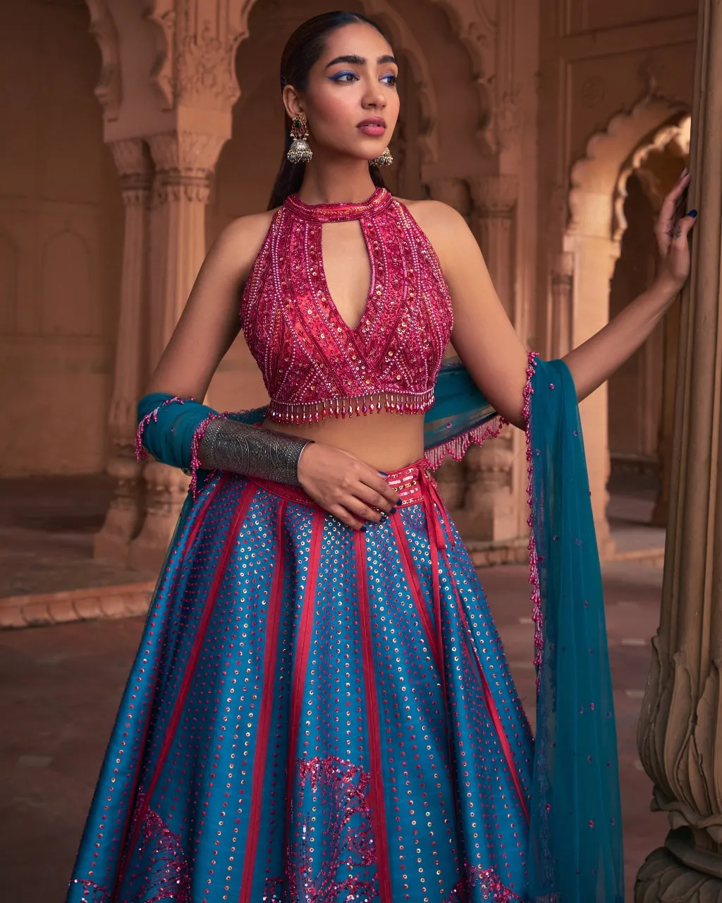Teal Big Floral Print and Embroidered Lehenga Set